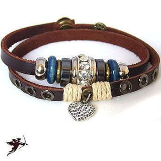 Leather bracelet heart wristband hemp bling rhinestone handcraft 
