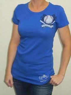 New Katydid Blue Baseball Mom Bling Rhinestone Fitted SS Shirt Made in 