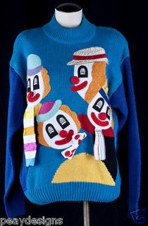 Vtg 80s CIRCUS CLOWNS 3D Applique Colorful Costume Sweater Sz M