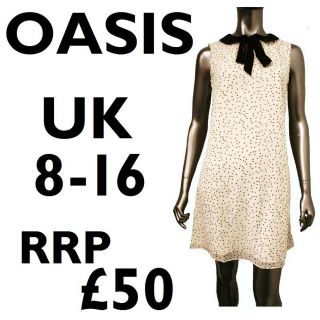 Oasis Polka Dot Peter Pan Collar white shift dress + Bow Womens size 8 