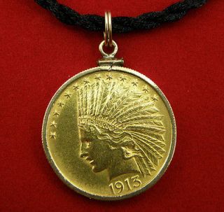 1913 $10 Indian Head Eagle Gold Coin (1/2 oz gold) Pendant Set in 
