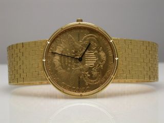   18K MENS 1891 $20 DOUBLE EAGLE GOLD COIN WATCH WITH GOLD BRACELET