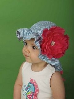 Mud Pie Baby Girl Teal Navy Seersucker Flower Hat from Lily Pad 