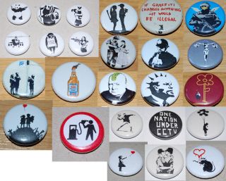 BANKSY 25MM BUTTON BADGE   25 VARIOUS DESIGNS ONE NATION UNDER CCTV 