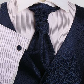 VS2015 Blue Paisley Mens Tuxedo Vest for men cufflinks hanky Ascot Tie 