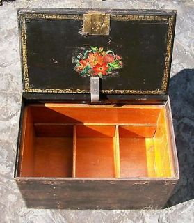   VICTORIAN ERA STRONG BOX BANK SAFE HAND PAINTED FLORAL WOOD & METAL
