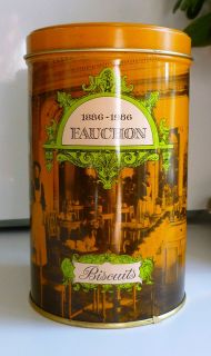 FAUCHON Vintage Biscuit Canister TIN  1886 1986  Orange Lime and Pink 