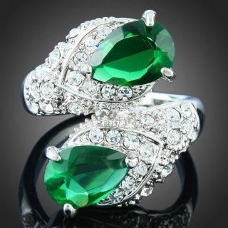 Dual Teardrop Emerald Rhinestone Ring Swarovski Crystal 18k White Gold 