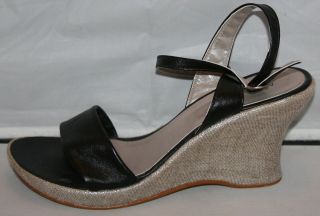 MILA PAOLI Italian Black Ankle Strap Metallic Silver WEDGE Shoe Sandal 