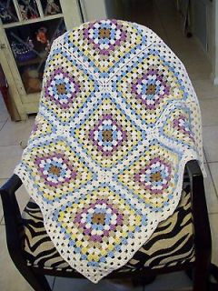 Crochet Baby Granny Square Afghan in soft white, yellow, blue, orchid 