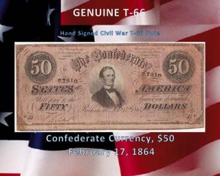 1864 FIFTY DOLLAR CSA HAND SIGNED T 66 CIVIL WAR CONFEDERATE RARE $50 