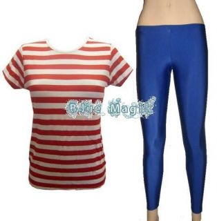 Red & White Striped T Shirt, Top, Royal Blue Leggings Tights Fancy 