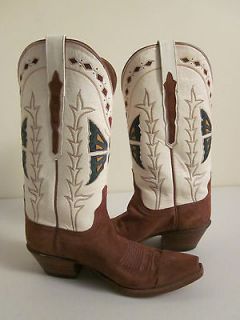 WOMENS BROWN AND WHITE HANDMADE LUCCHESE WESTERN BOOT SIZE 7B