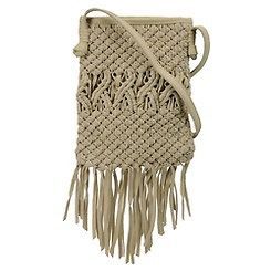 LUCKY BRAND Macrame Fringe Suede Leather Crossbody Bag; Buff Leather 