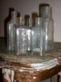 VinTaGe LoGos~5 SMALL OLD sHabbY GLASS BOTTLES~Shelf~​Flower Vase 