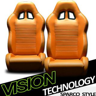 2pc SP Style PVC Leather Orange Sport Racing Bucket Seats+Sliders New 
