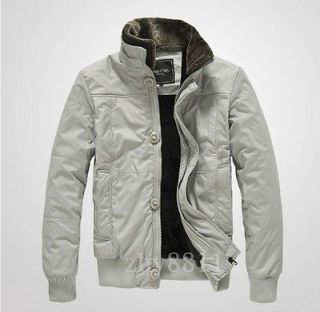 Fashion Mens Thicker Winter Fur Collar Jacket Trench Coat Light Gray 