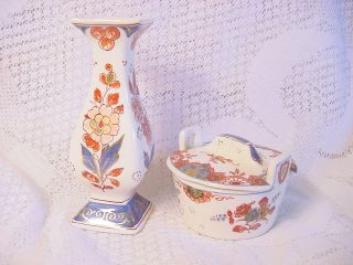   Delft De Porcelyne Fles Polychrome Covered Bowl & Bud Vase Holland