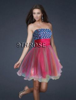 PUFFY MULTI COLOR SKIRT BEADED PARTY/COCKTAIL SHORT DRESS; PINK & BLUE 