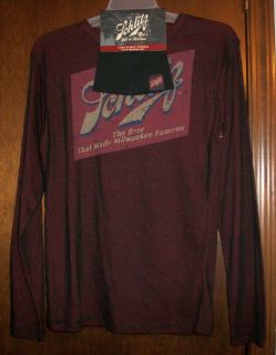 Mens Shirt sz M SCHLITZ Burgundy & Black Thermal Long Sleeved w/Beanie 