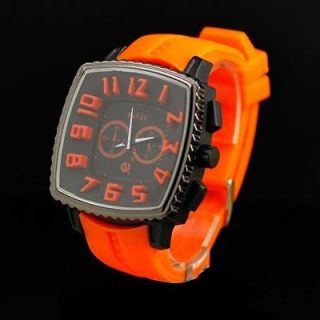 New Mens Big Square Face Orange Silicone Rubber Band 3D Numbers Wrist 