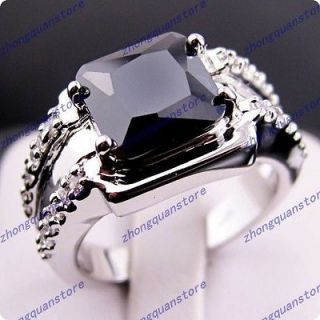 Pretty Black Cubic sapphire Mens 10KT white Gold Filled Ring size 