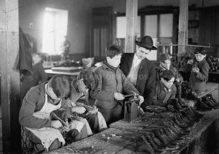 Old Vintage photograph boys working in shoe repair factory reprint 