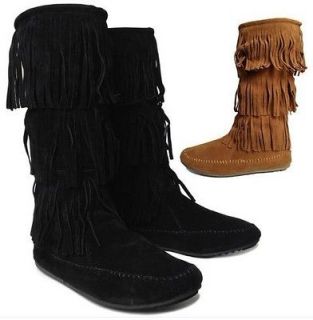 NEW Womens 3 Layer Fringe Moccasin Flat Heel Mid Calf Slouch Boots 