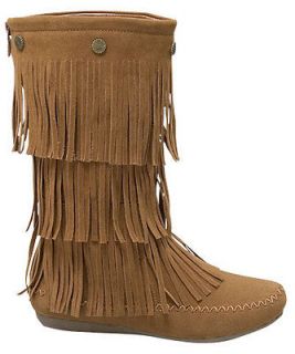 Top Moda Womens Tan Faux Suede Boot Jump 6 with fringe and rivet 