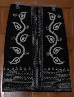 BCBG MAX AZRIA Womens Black Embroidered Linen A Line Skirt sz 6