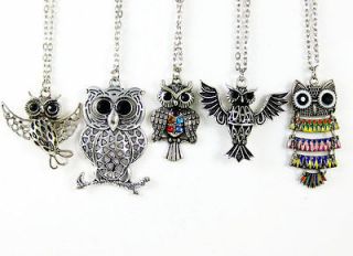 Free ship 5 pcs wholesale lot mix owl bird rhinestone crystal necklace 