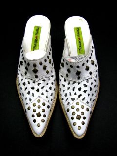 Penny Loves Kenny White Leather Cutout Studded Mule Western Shoes 