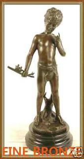 SIGNEDA.MOREAU, Bronze statue boy w/bird bronze Sculpture PAN