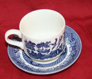 Vtg Churchill Willow Blue China Cups Saucers England Dinnerware