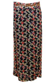 NEW WOMENS LADIES CHIFFON BELTED FLORAL PRINT PALAZZO TROUSER PANTS UK 