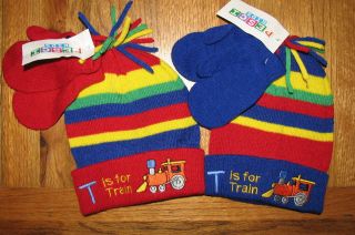 Cute Baby Hat and Mitts set Bright Colours with Embroidered Train 