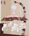   Brown Polka Dot Canopy w/ White Teddy Bears Girls Crib Musical Mobile