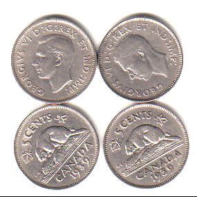 THREE OLD CANADIAN NICKELS   one each 1939 1941​ 1942 IN 