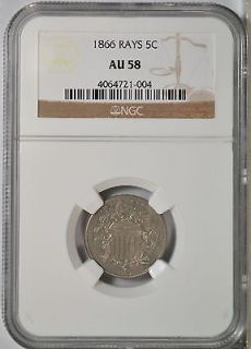 1866 shield nickel with rays ngc au58 