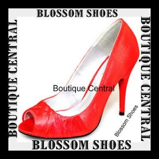 DESIGNER SHOES RED PLEATED SATIN PEEP TOE PUMP HEELS PARTY/EVENING Sz 