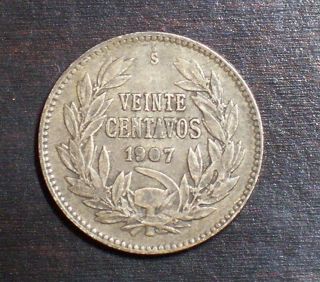 chile 20 centavos 1907 vf silver coin 