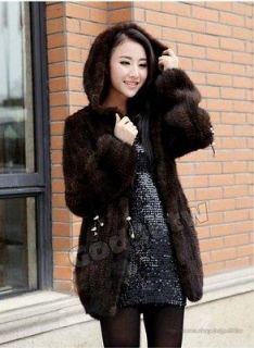 100% Real Genuine Knit Mink Fur Long Coat with Hood Outwear Jacket 