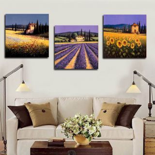 Lavender/Sunfl​ower Fields Wall Art With Clock On Triptych Canvas 