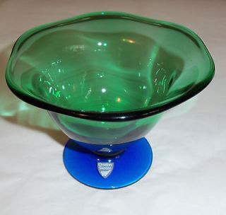 NWT Signed Orrefors Green Blue Crystal Footed Candy Dish Compote Rare 