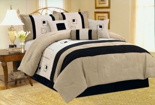 Pcs Comforter Set, Beige Black and White Embroidered Micro Suede 