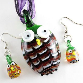 LOOK Colorful Owl Bird Murano Glass Pendant Necklace & Earrings set