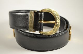 VTG Paloma Picasso   Italian Made Black Leather Belt With Gold Xs 