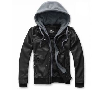 Mens Slim Top Designed Cotton PU Leather Hoody Jacket Coat S1115 