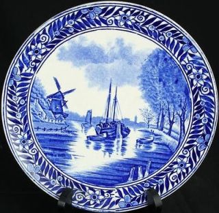 antique transferware blue delft plate boats canal boch time left