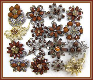 12 BROWN Vintage Style Lot Brooches Pins Faux Rhinestone Wedding 